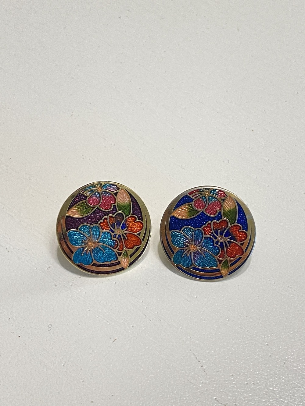 Vintage Cloisonné Multicolour Enamel Floral Round Stud Earrings